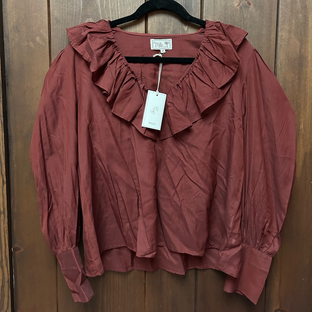 Ruffled V-Neck Blouse in Rust - Misa